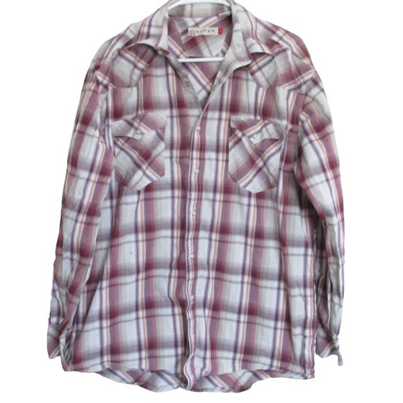 Roper Western Pearl Snap Plaid Dress Shirt Mens Large Purple Long Sleeve Collar‎ - Picture 1 of 6